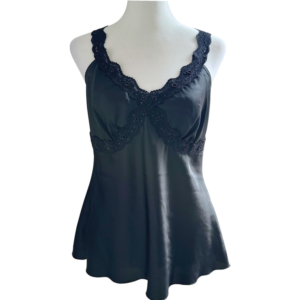 Black Satin Beaded Lace Cami Tank Top M Y2K Coquette Lingerie Style